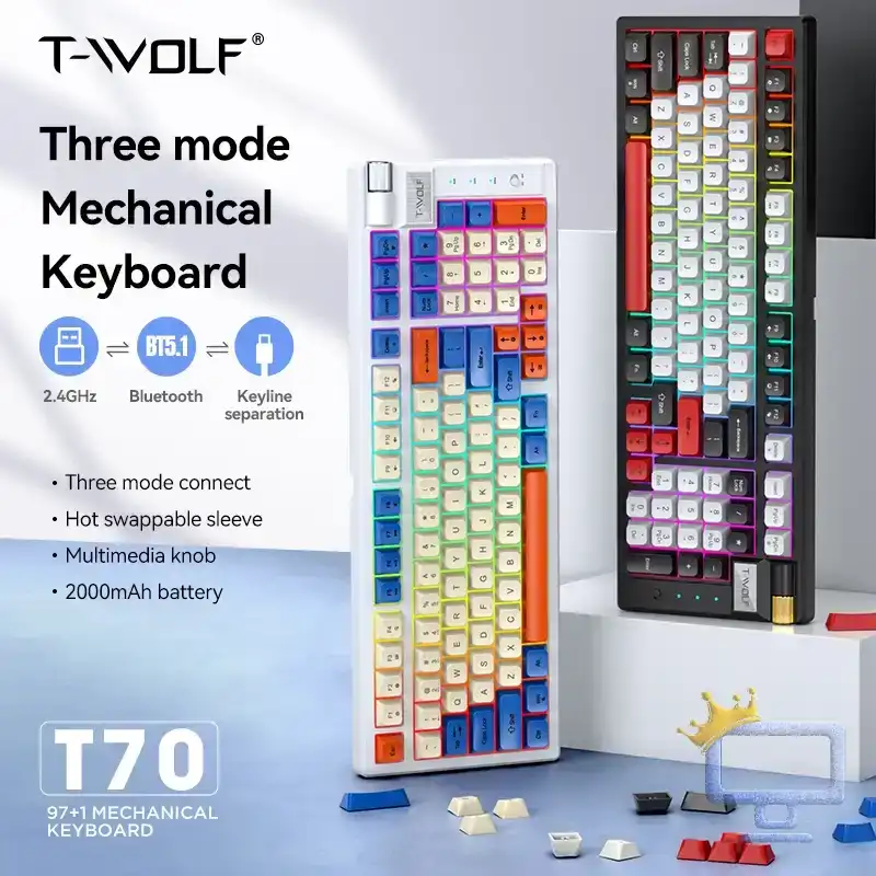 T-WOLF Wireless T70 RGB Gaming Keyboard – USB Wired